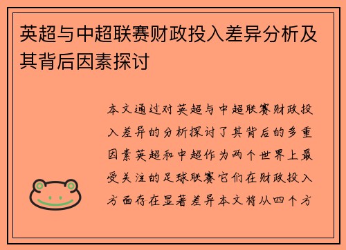 英超与中超联赛财政投入差异分析及其背后因素探讨
