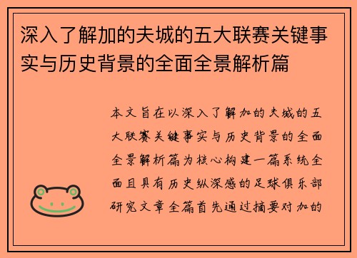 深入了解加的夫城的五大联赛关键事实与历史背景的全面全景解析篇
