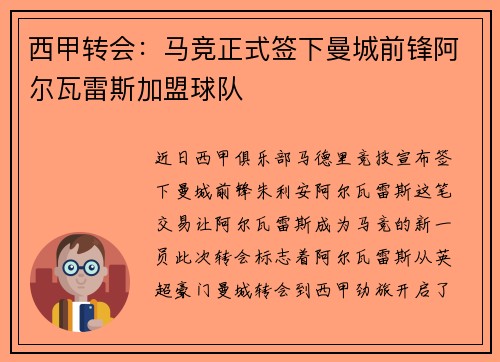西甲转会：马竞正式签下曼城前锋阿尔瓦雷斯加盟球队